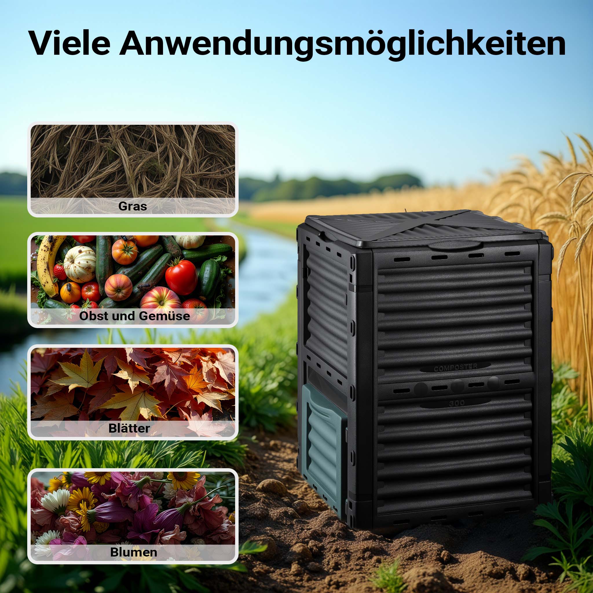 Compostiera da 300 litri 61 x 61 x 82 cm, compostiera da giardino in plastica per rifiuti organici, con coperchio e sportello inferiore per lo svuotamento