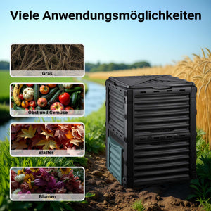 Compostiera da 300 litri 61 x 61 x 82 cm, compostiera da giardino in plastica per rifiuti organici, con coperchio e sportello inferiore per lo svuotamento