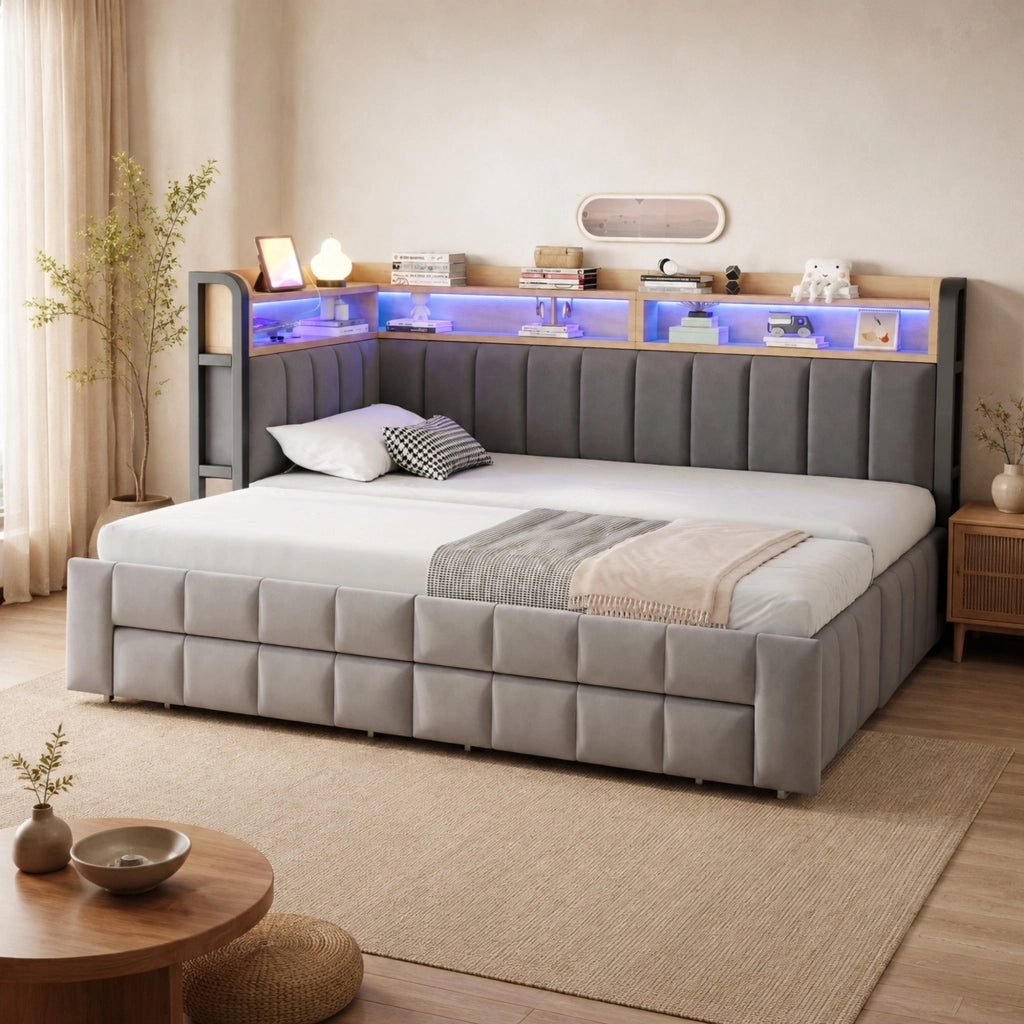Letto imbottito trasformabile 90x200 cm in 180x200 cm con contenitore, LED, USB e Type-C, velluto grigio chiaro