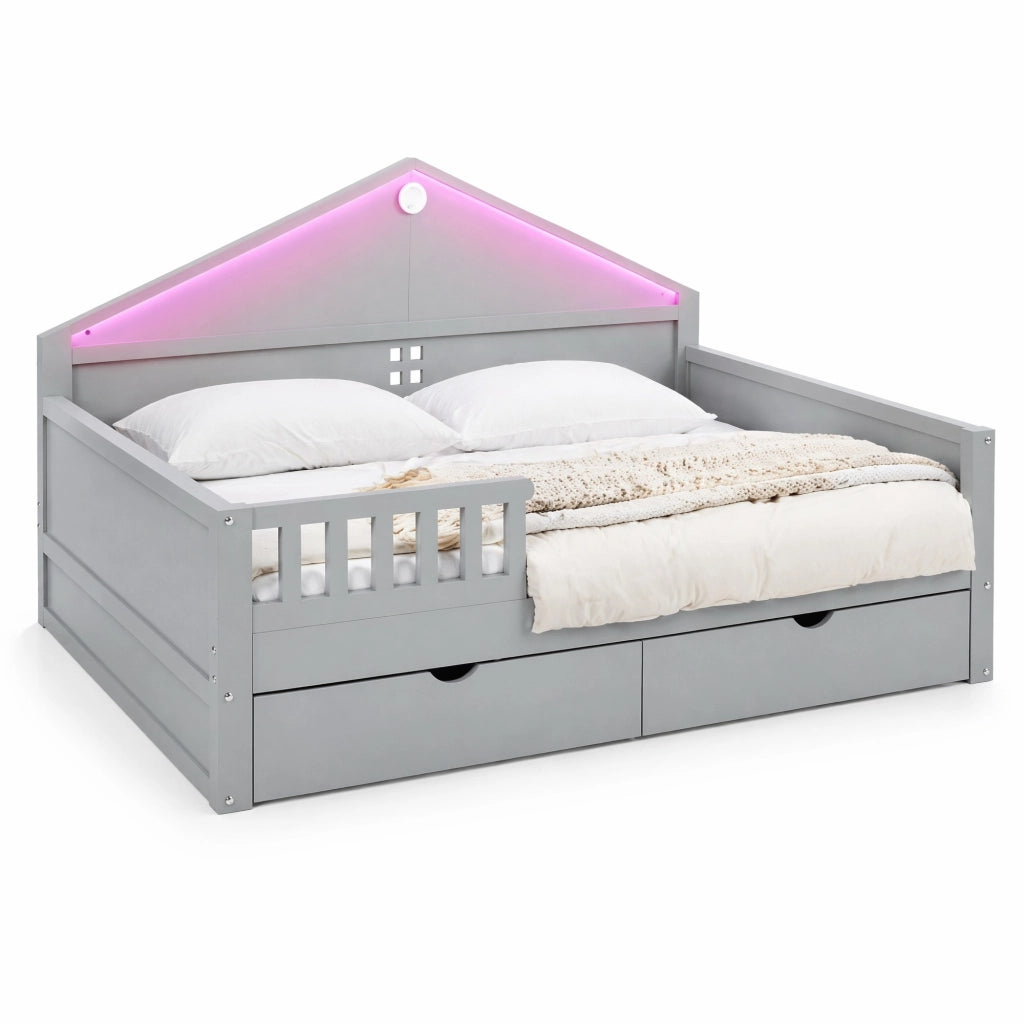 Letto Singolo 140x200 cm con 2 Cassetti e LED; in Legno Massello e MDF; Grigio