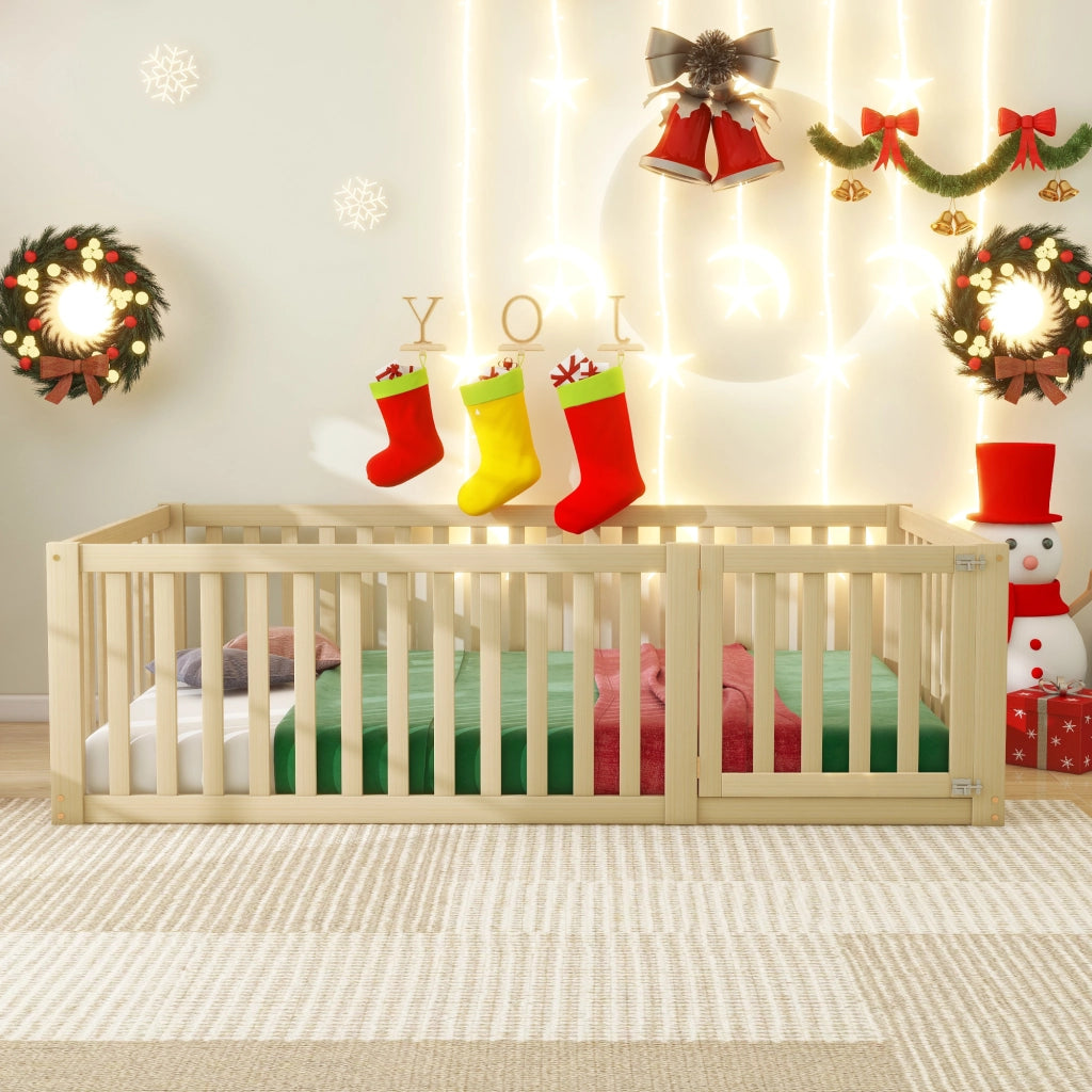 Letto per bambini 90x200 - Zephmum - Struttura in legno con recinzione e porta