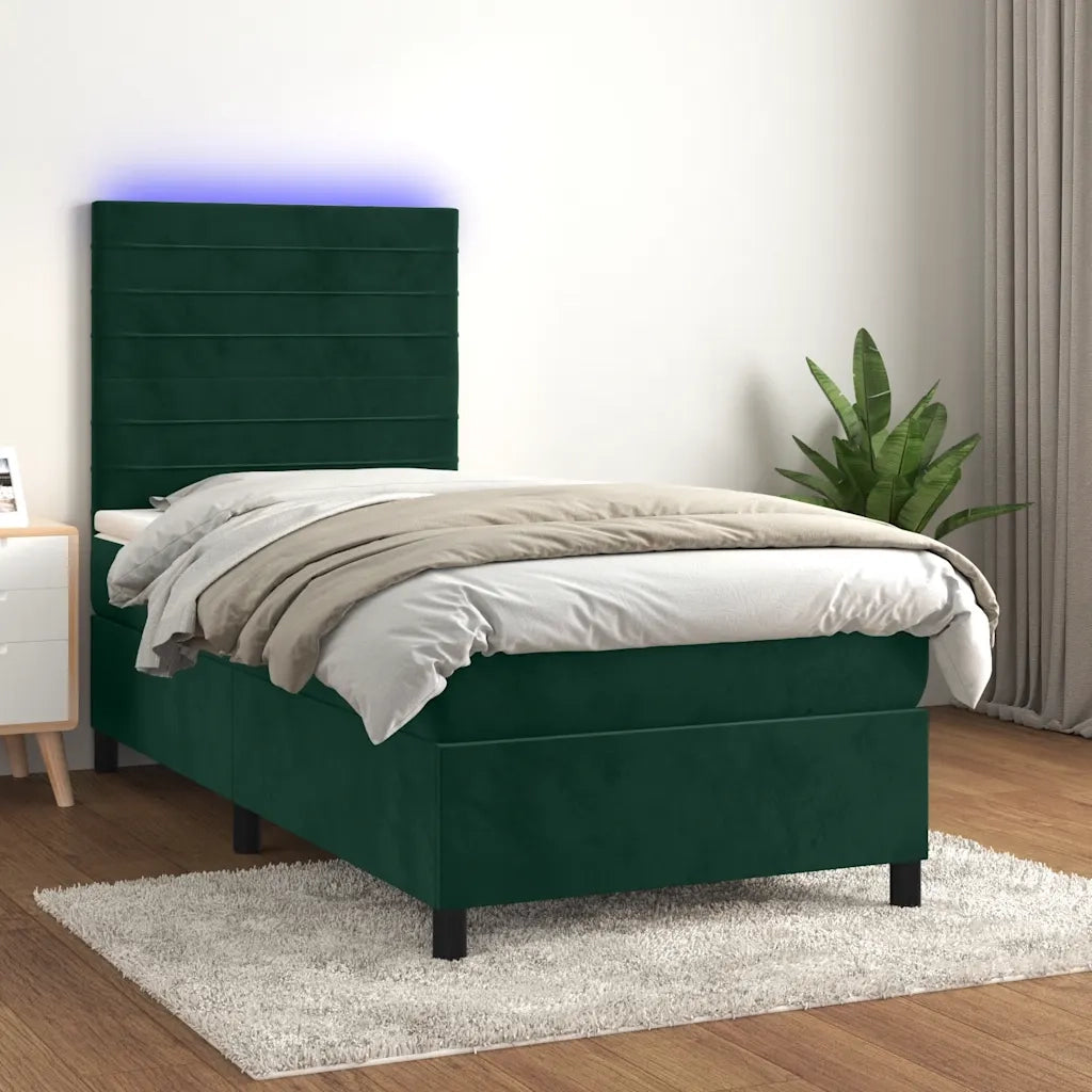 Letto a Molle con Materasso e LED Verde Scuro 100x200cm Velluto 3136170