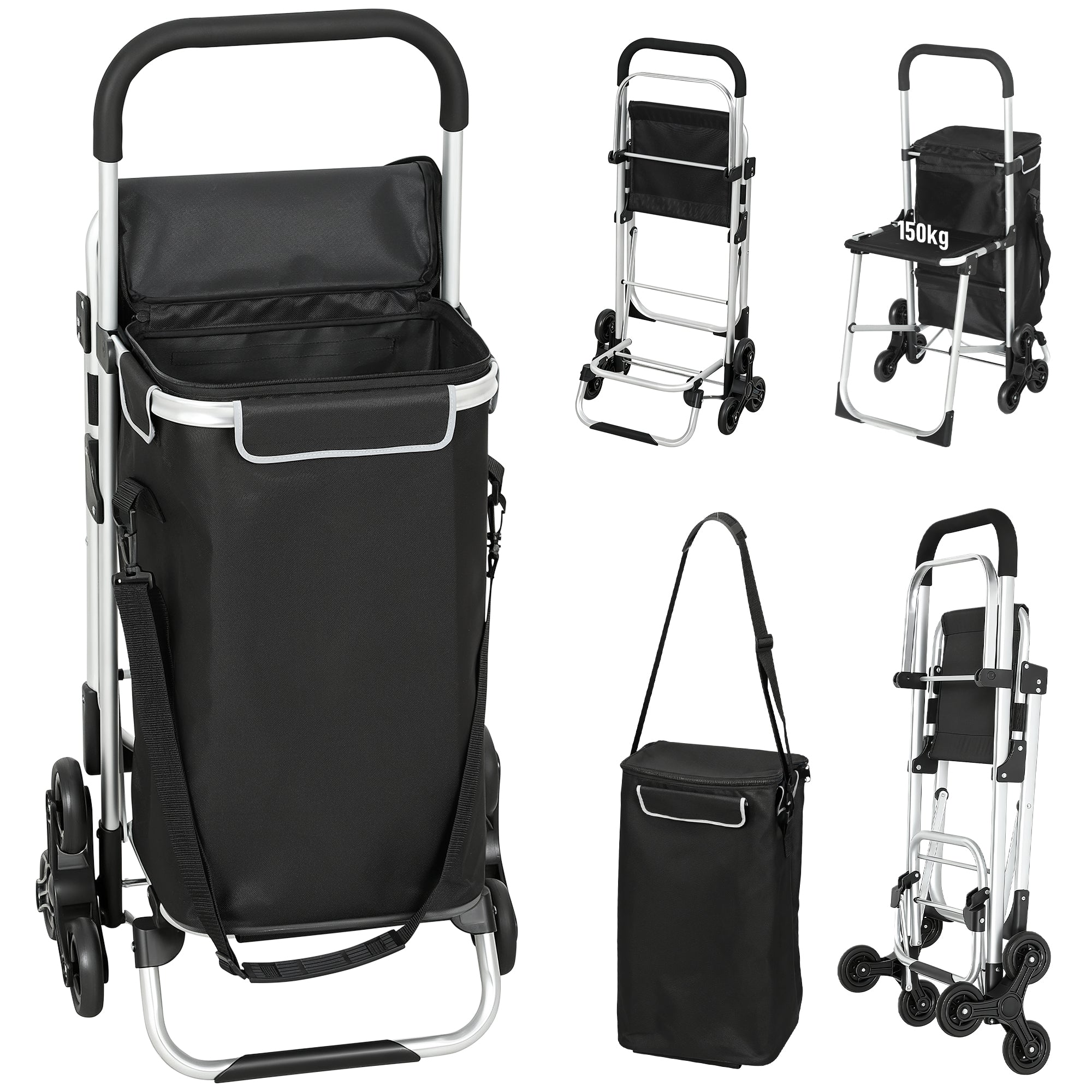 Carrello della Spesa 46x59.5x97 cm con Borsa da 40L Impermeabile e Sedile in Alluminio Nero e Argento