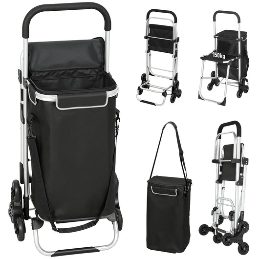 Carrello della Spesa 46x59.5x97 cm con Borsa da 40L Impermeabile e Sedile in Alluminio Nero e Argento