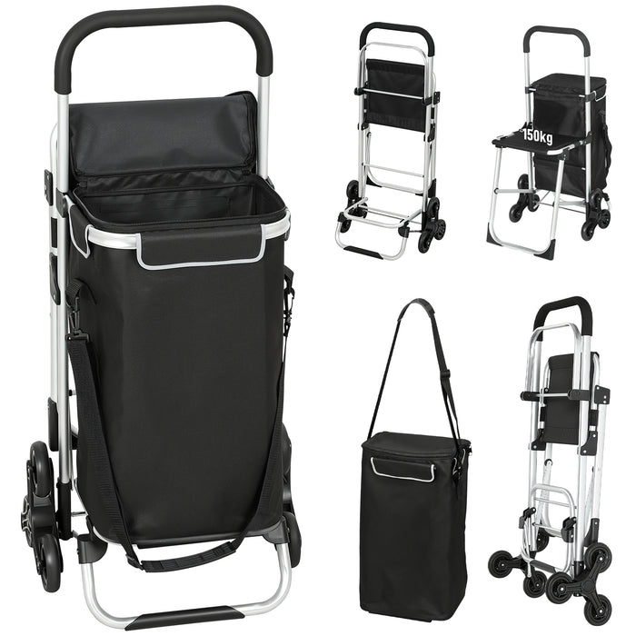 Carrello della Spesa 46x59.5x97 cm con Borsa da 40L Impermeabile e Sedile in Alluminio Nero e Argento