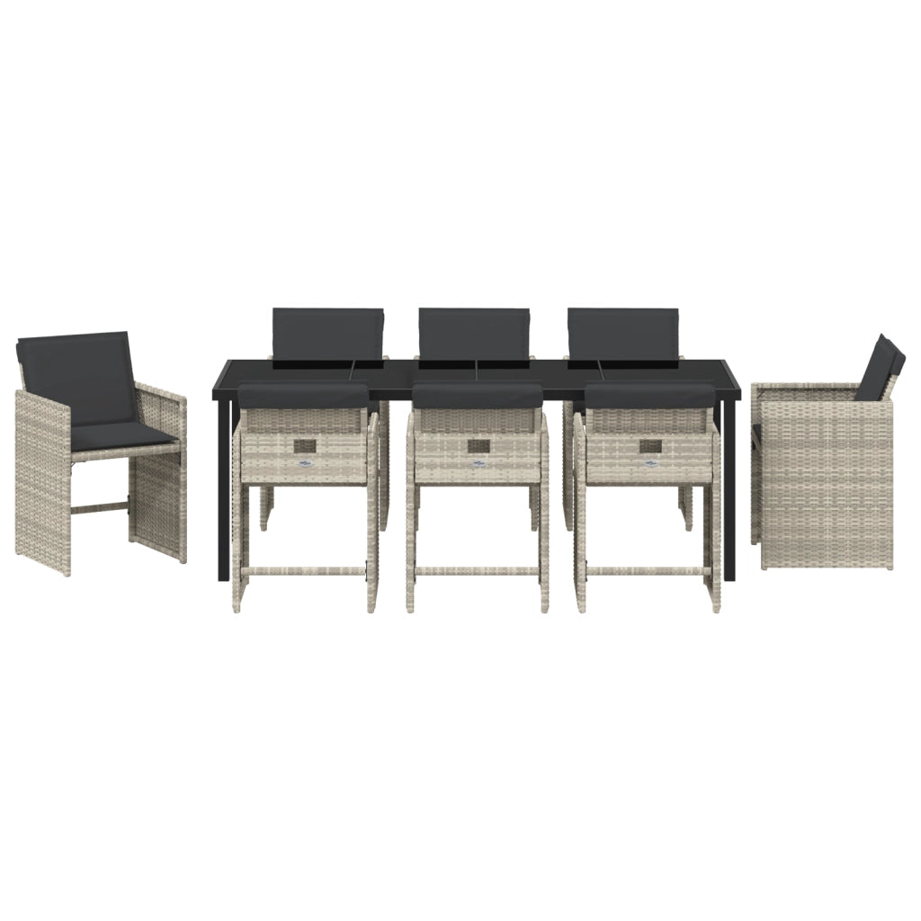 Set da Pranzo per Giardino  9 Pezzi con Cuscini Grigio Chiaro in Polyrattan