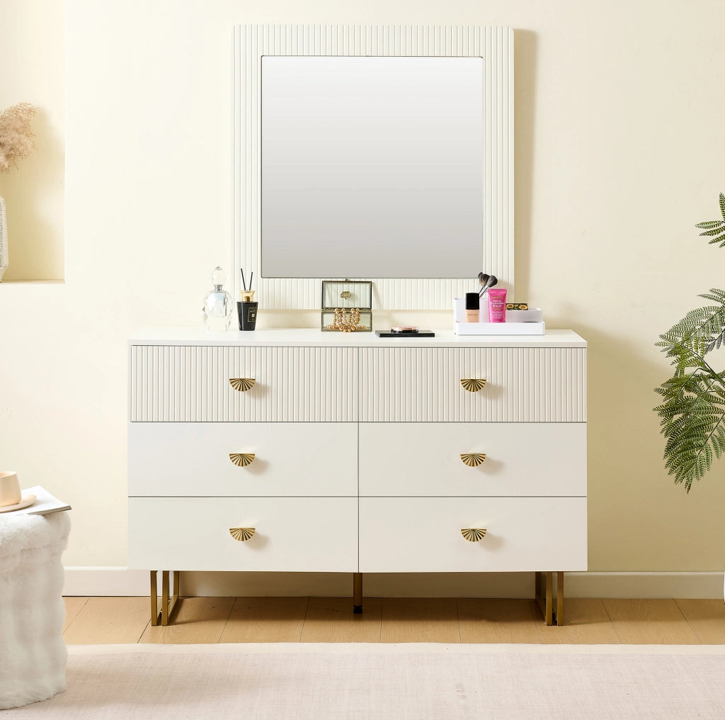 Set sideboard con 6 cassetti e specchio da parete 80x80 cm in MDF bianco con dettagli oro