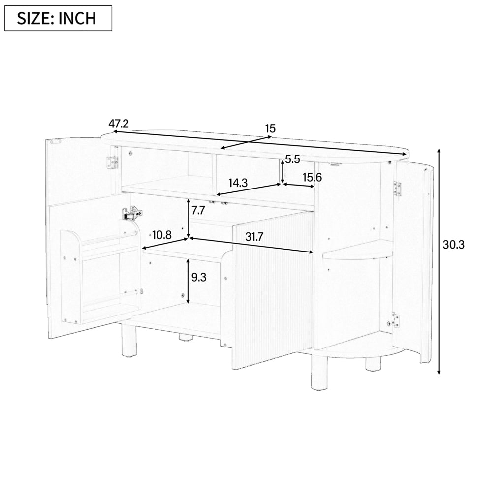 Sideboard 120x38x77 cm con vano ad arco e ripiani regolabili in MDF bianco
