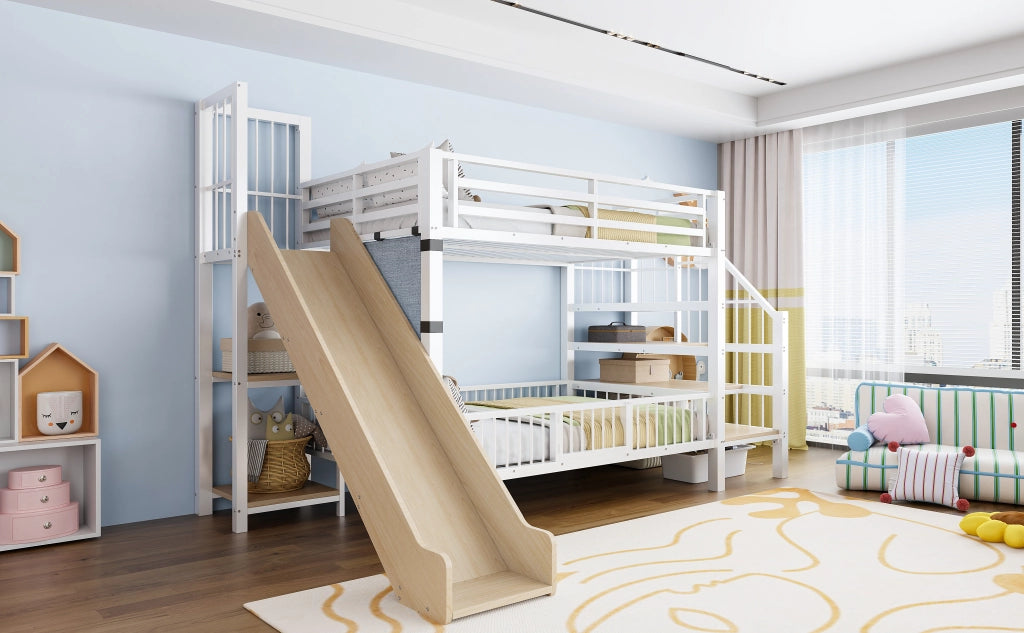 DESMIU Letto a castello per bambini 90 × 200 cm con scivolo, scala con contenitore e materasso no
