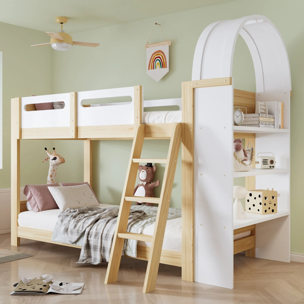 Letto a castello con scaffale a tre ripiani in legno massello e mdf bianco naturale 90x200 cm