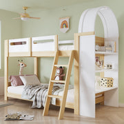 Letto a castello con scaffale a tre ripiani in legno massello e mdf bianco naturale 90x200 cm
