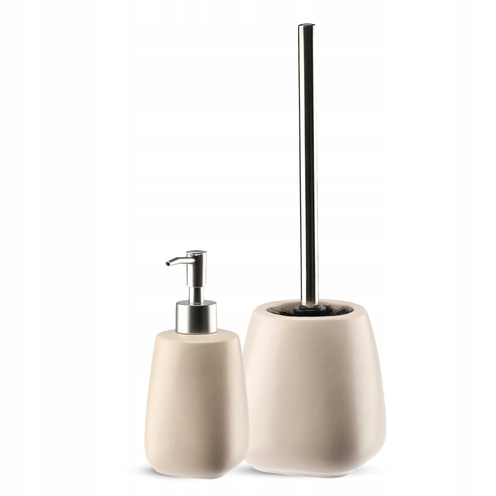 Set da bagno KADAX con dispenser di sapone per WC e spazzolino in ceramica beige.