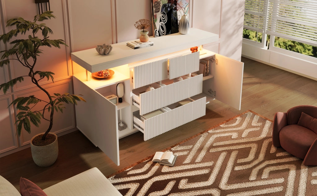 Credenza moderna con LED, 6 cassetti, 2 ante e vano aperto, per soggiorno, in MDF e metallo bianco, 150 × 40 × 78 cm