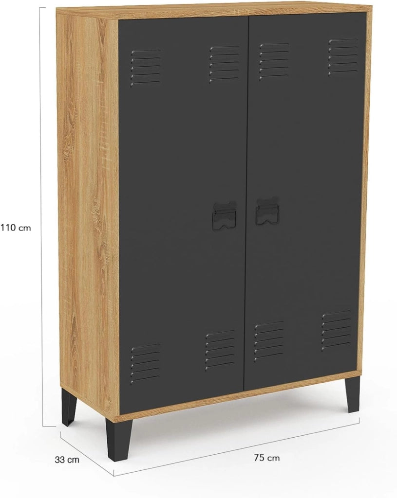 ESTER Mueble de café de 2 puertas de metal negro con marco de madera de diseño industrial