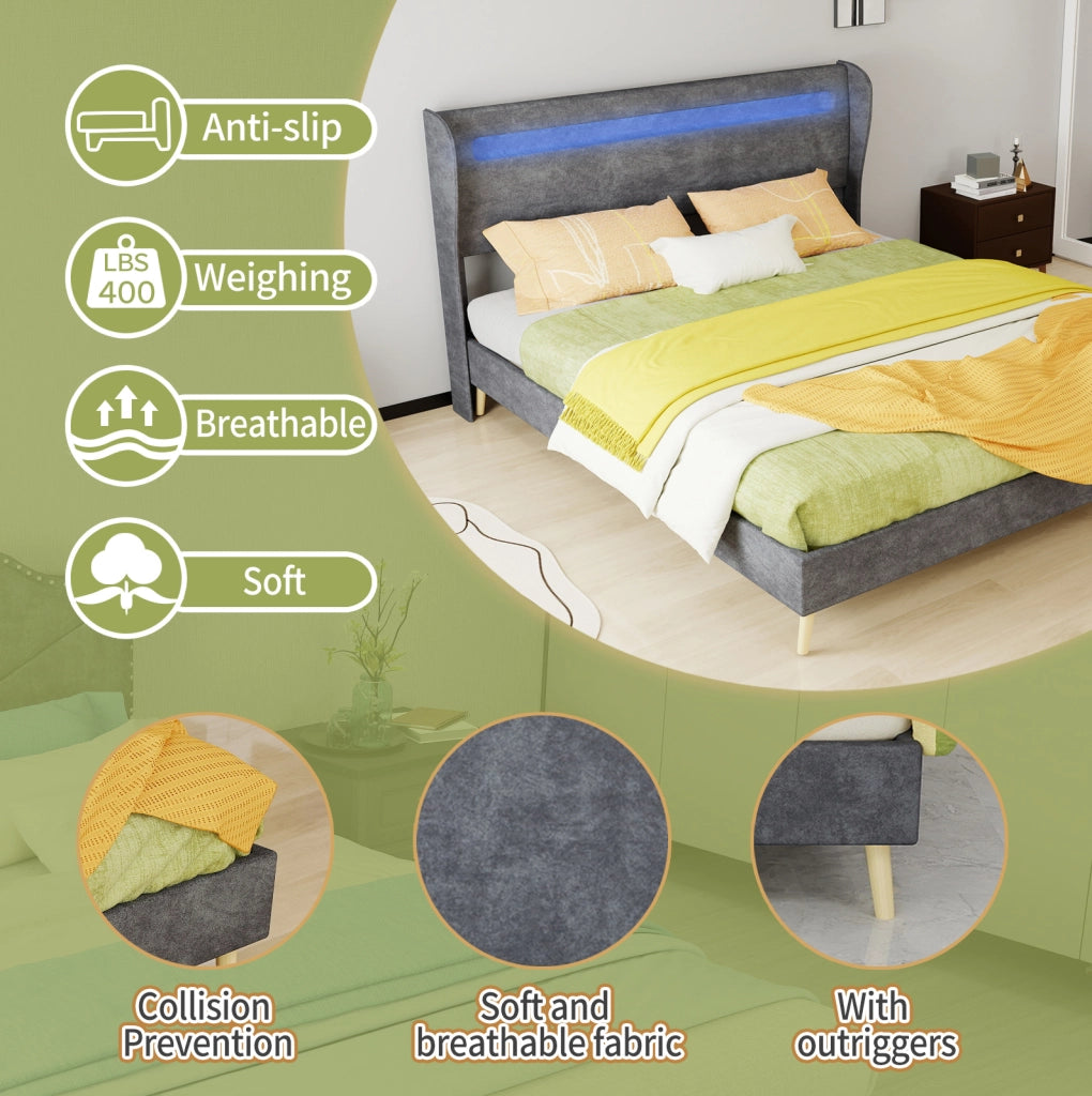 Letto basso 160x200 cm con testiera regolabile e LED multicolore; grigio