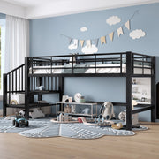 Letto a soppalco 90x200 cm nero in MDF e metallo; scala contenitore