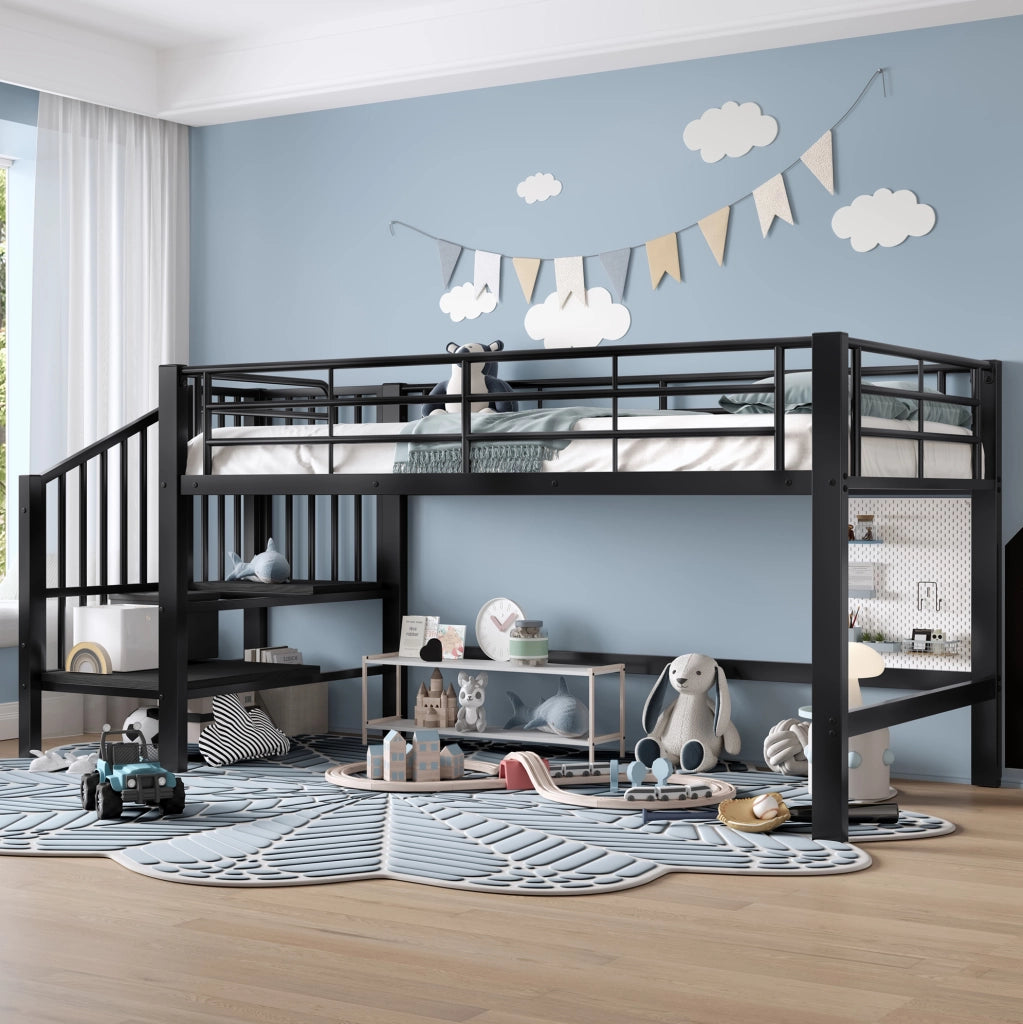 Letto a soppalco 90x200 cm nero in MDF e metallo; scala contenitore