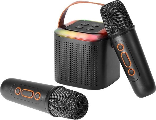 Impianto Karaoke - Macchina Karaoke con Speaker Bluetooth Portatile con 2 Microfoni Senza Fili & Luce LED - Supporto per Carta TF - Regalo Karaoke per Feste in Casa (Nero)