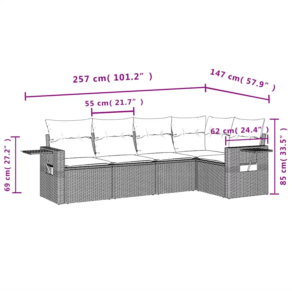 Set Divano da Giardino 5 pz | Set Salotto da Giardino con Cuscini Marrone in Polyrattan