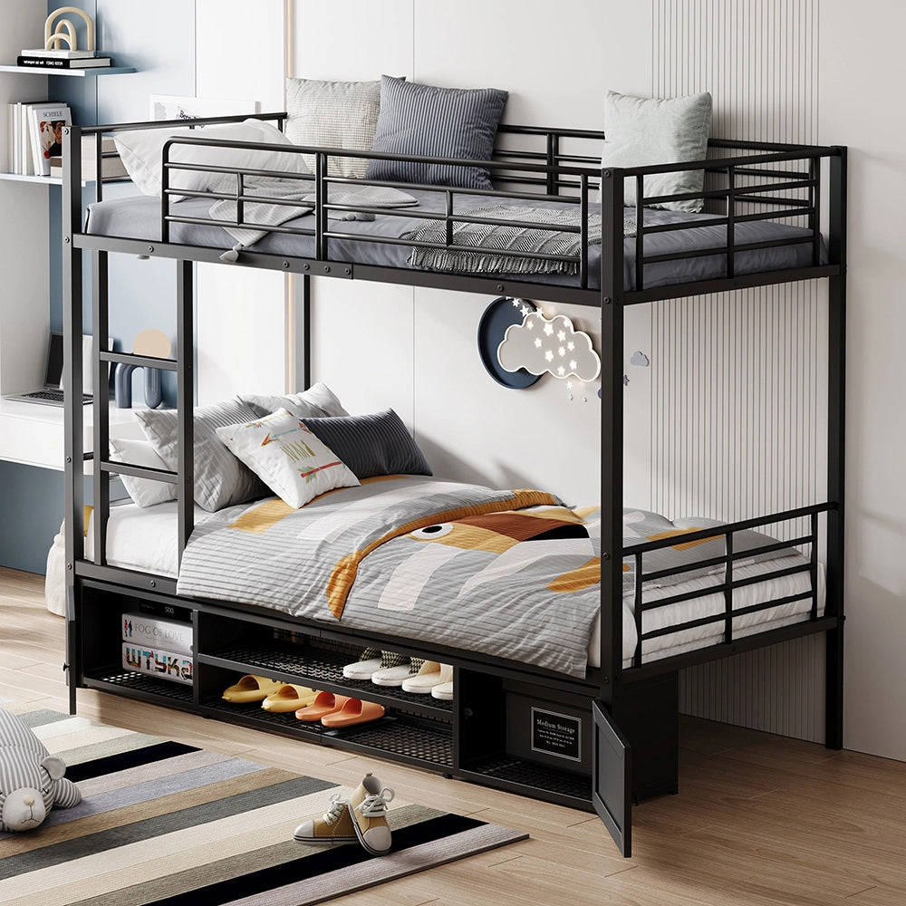 Letto a castello 90x200 - Xylo - Armadio aperto per scarpe, piccolo armadio di archiviazione a due ante, scala laterale con barriera antiscivolo, nero