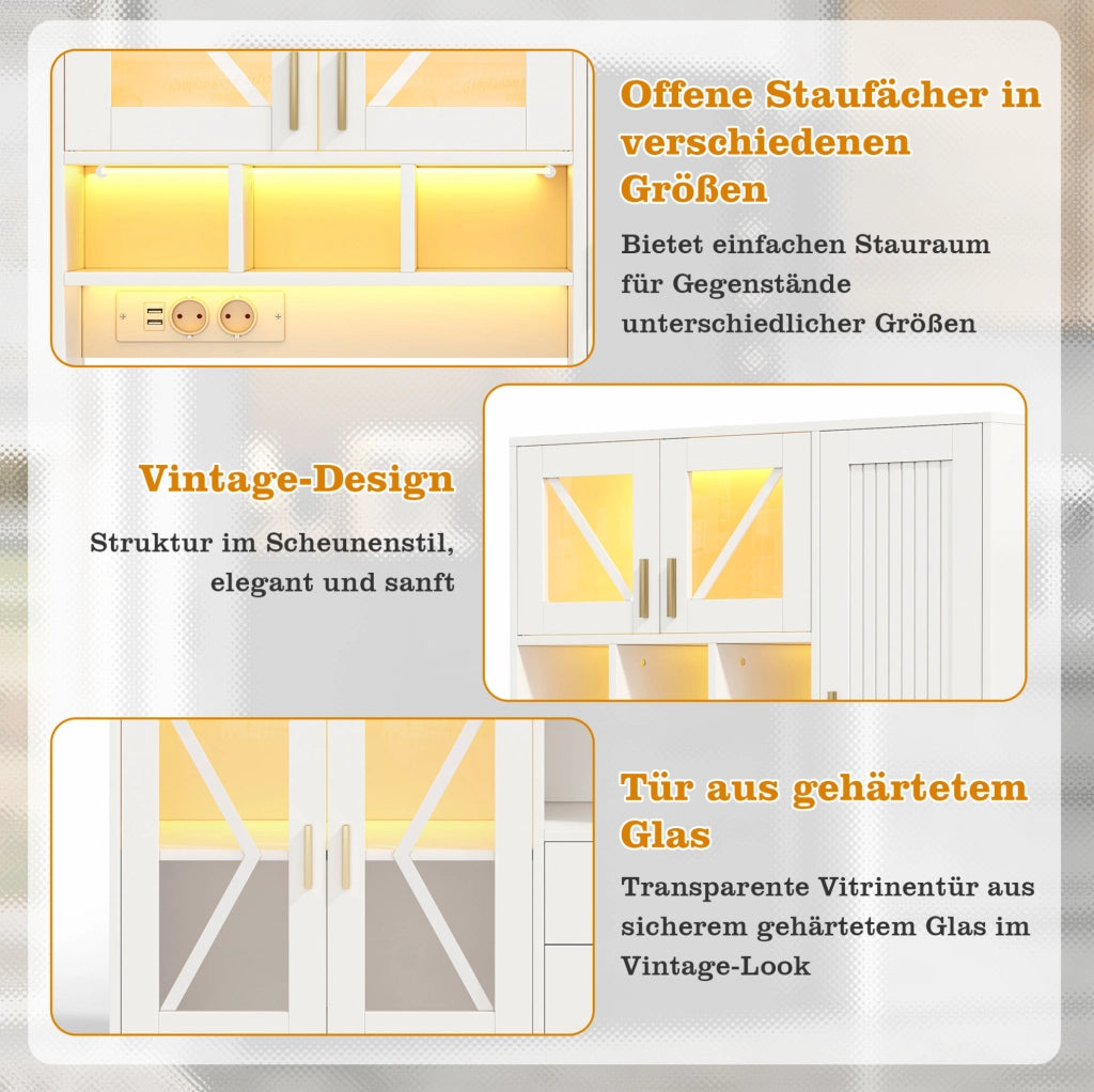 Credenza alta con LED e prese, 105x40x185 cm, bianca