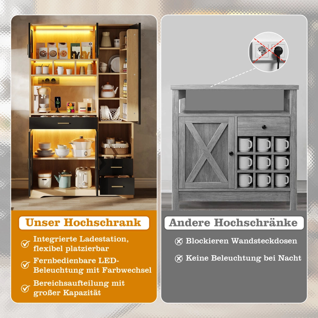 BUFFET Cucina 185x105x40 cm Nero/Naturale in MDF con LED APP e prese