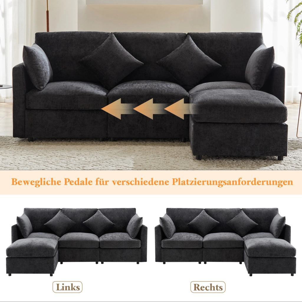 Divano Angolare Modulare con Pouf Mobile e 4 Cuscini; Convertibile in 3 Posti; in Ciniglia; Grigio; 216 × 161 × 81 cm