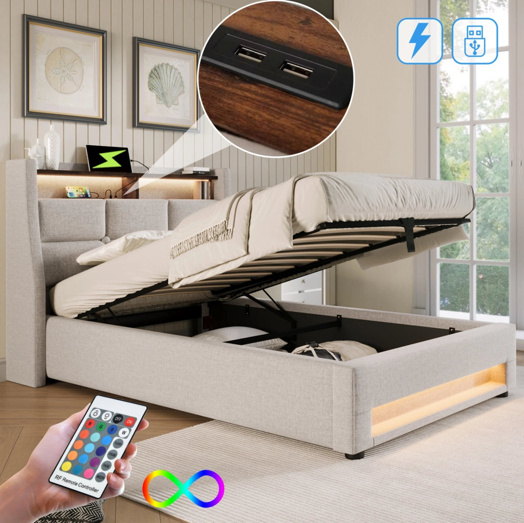 Letto imbottito singolo 90x200 cm beige con LED, USB e vano contenitore