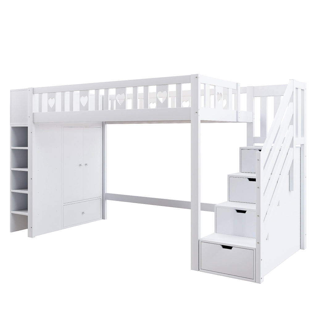 OKWISH Letto a Soppalco 90×200 cm, Letto Singolo con Scala Contenitore, Mensole e Armadietto Ribaltabile, senza Materasso, Bianco