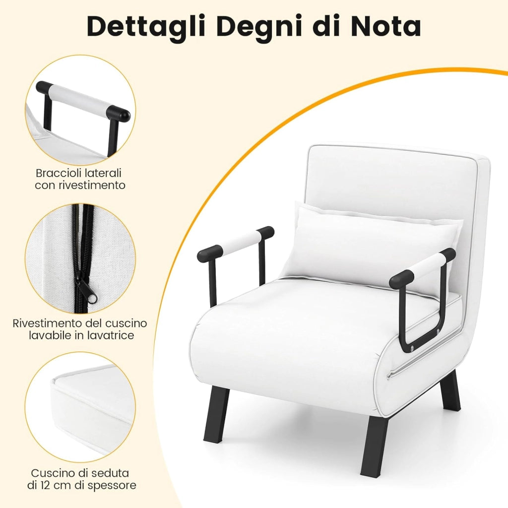 4 in 1 Poltrona Letto Singolo, Poltroncina Pieghevole con Schienale Regolabile in 6 Posizioni, Sedile Imbottito Robusto, Divano Letto per Casa Ufficio, 79x65x79 cm (Bianco)