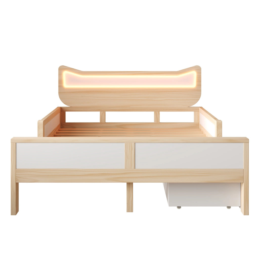 Letto per bambini 140x200 cm con LED; cassetto e vano contenitore; legno bianco e rovere