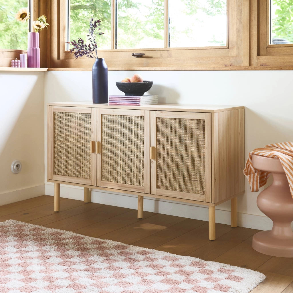 Credenza in vimini ed effetto legno a 3 ante, 120cm, marrone naturale