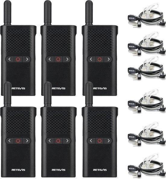 Walkie Talkie Mini PMR446 Oplaadbaar con Funzione VOX e Lunga Durata Stand-by - 6 Pezzi Nero
