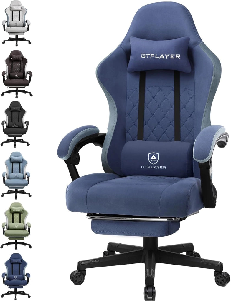 Sedia da gaming, ergonomica, da scrivania, con superficie in tessuto, cuscino a molla, braccioli di collegamento e poggiapiedi, Marrone