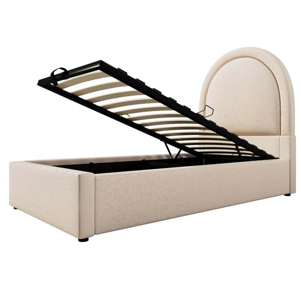 Letto imbottito per bambini 90x200 cm in PU beige con contenitore e rete a sollevamento idraulico