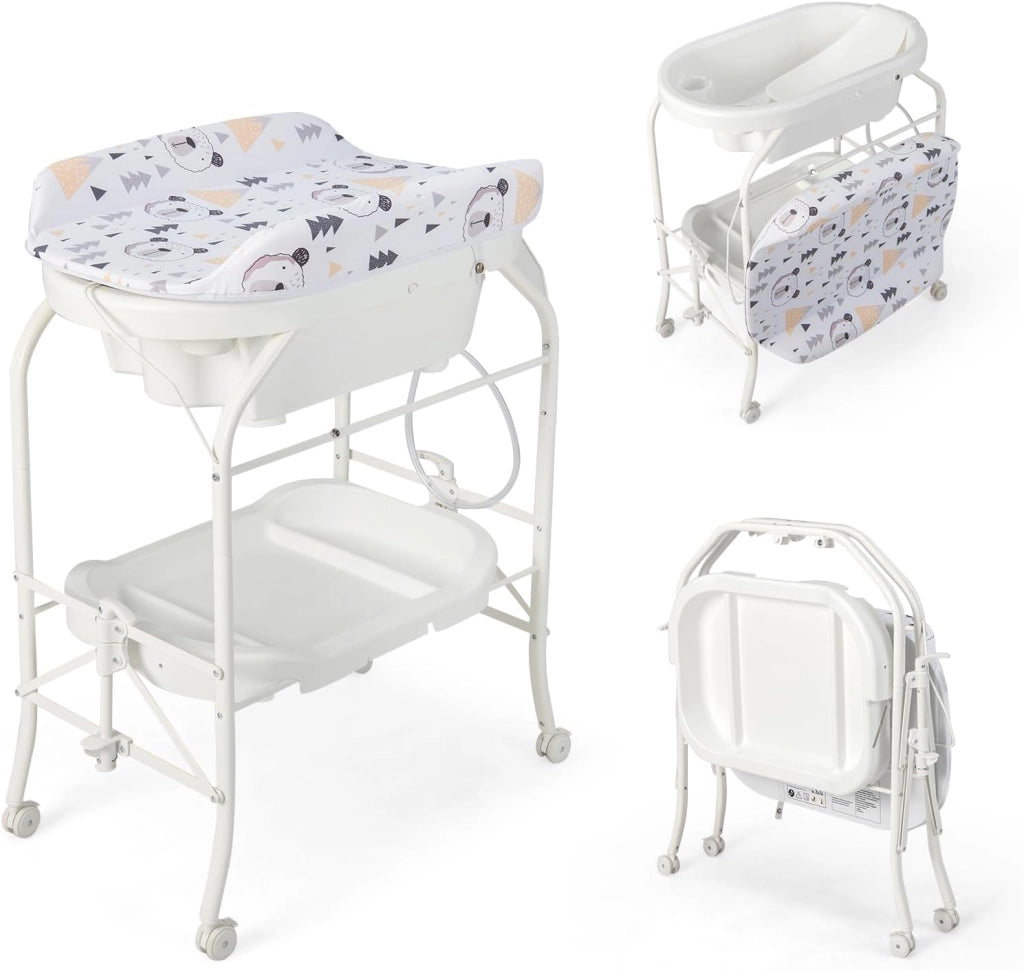 Fasciatoio con Vaschetta Bagnetto 2 in 1, Vasca da Bagno Pieghevole per Bambini, Fasciatoio con Materassino, Cestino Portaoggetti, Ruote con Freno, Portata 35kg+15kg (Bianco)