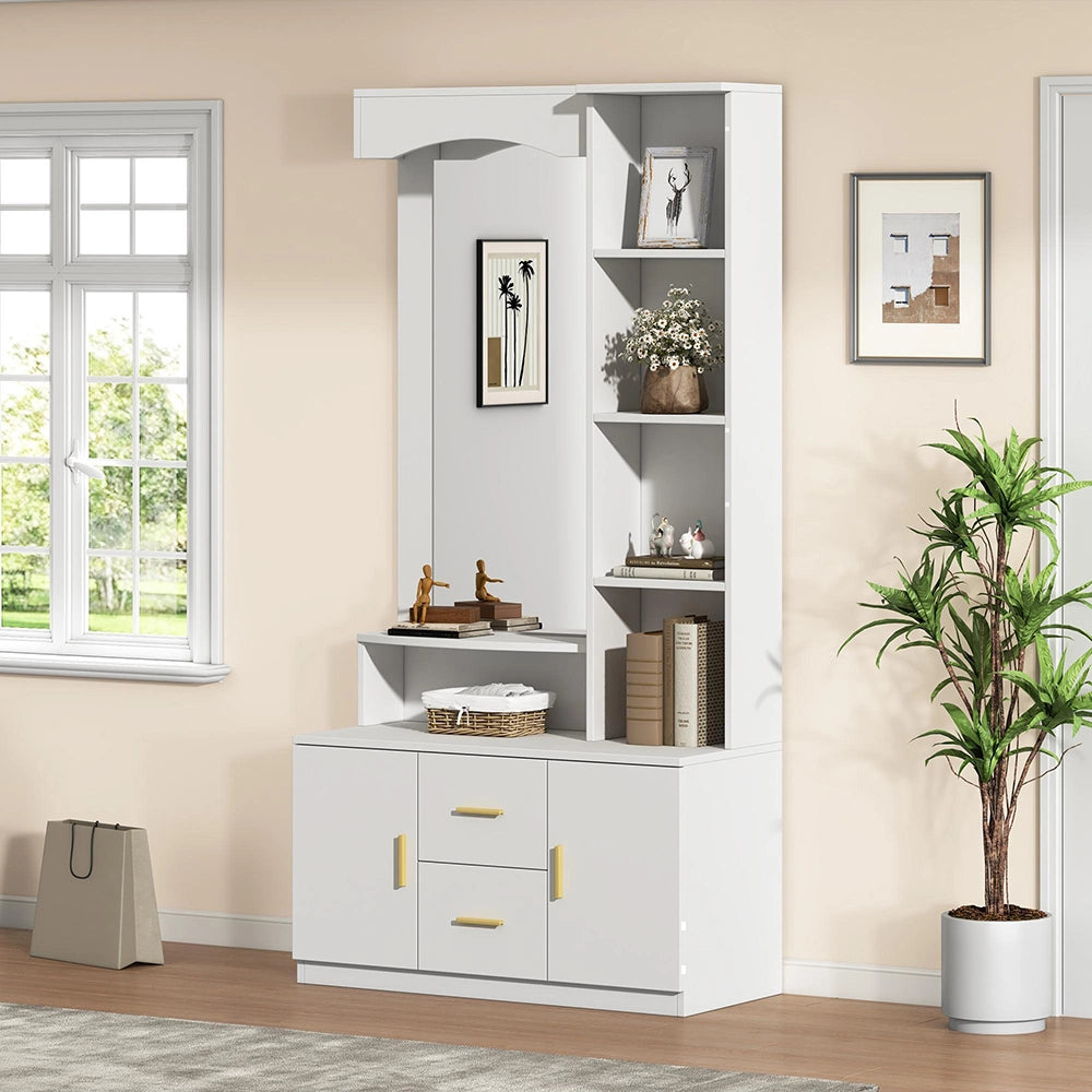 Armadio Ingresso 90x40x180cm - Xylo - con Specchio, 2 Ante e 2 Cassetti, Bianco