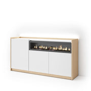 Credenza, Mobile, Cucina, 156x80x37 cm, 3 Porte, Camino elettrico, LED, Bianco e Rovere soft