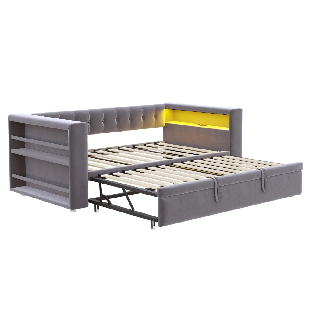 Divano letto multifunzione 90/180 x 190 cm con LED; prese; contenitore e rivestimento grigio scuro