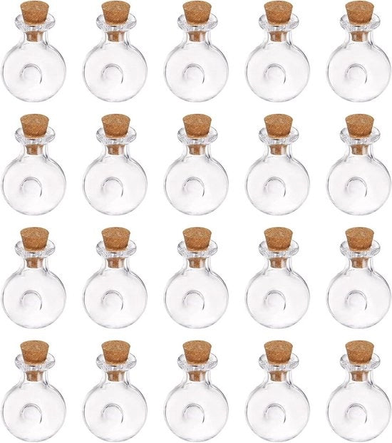 20 mini-bottigliette in forma di anello con tappo in vetro trasparente | Flessine di vetro trasparente per decorazione | Bottigliette per artigianato, matrimoni e feste | Flessine decorative in vetro trasparente