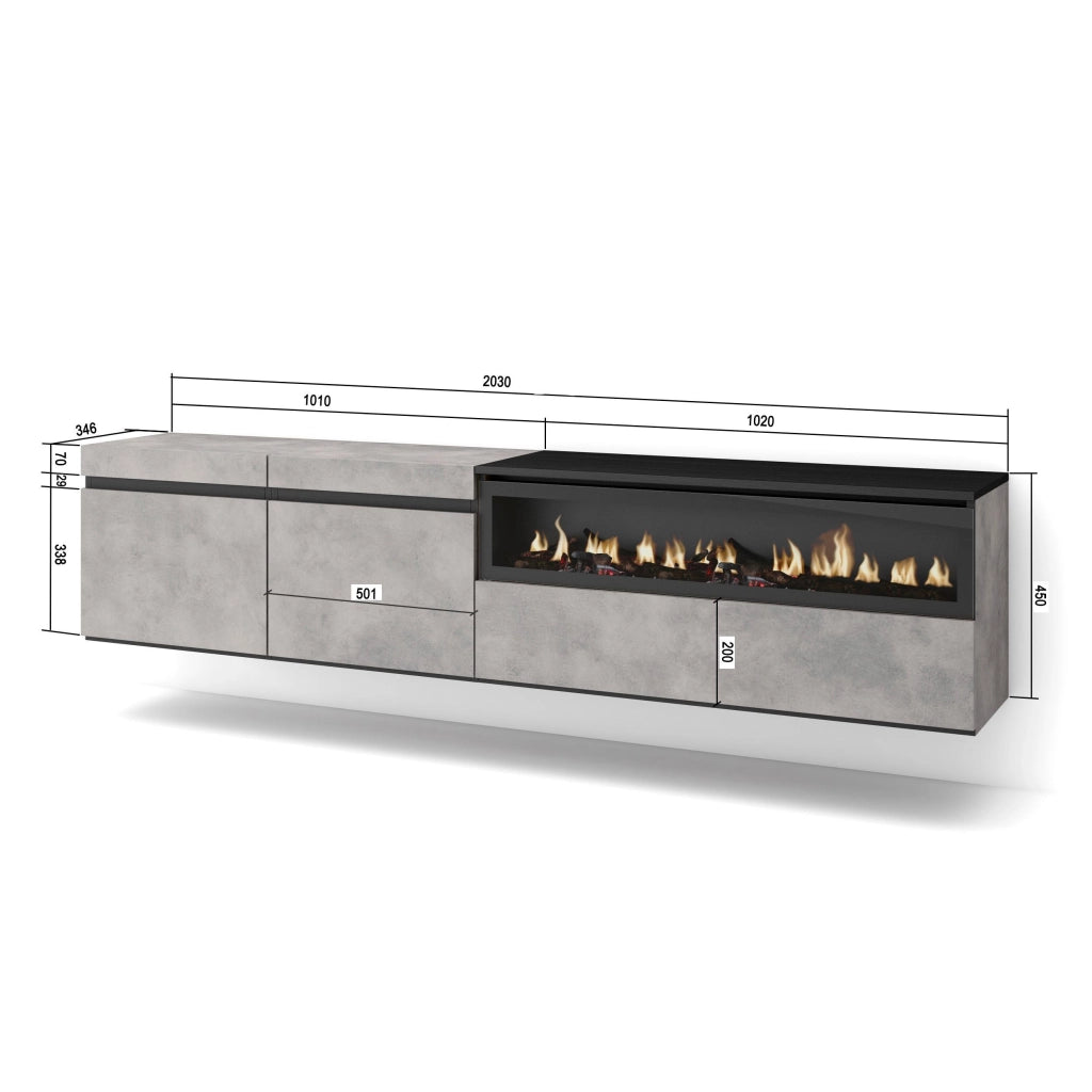 Mobile TV, 200x35x45cm, soggiorno, Per TV fino a 80", Camino elettrico, da appendere, grigio cemento RF2231