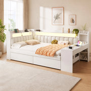 Letto a giorno con LED, porte USB, scrivania e 2 cassetti in MDF, compensato e tessuto bianco 140 × 200 cm