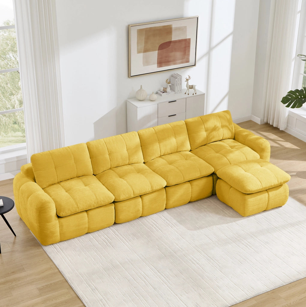 Divano modulare angolare 4 posti con pouf in ciniglia; giallo; 334x160 cm