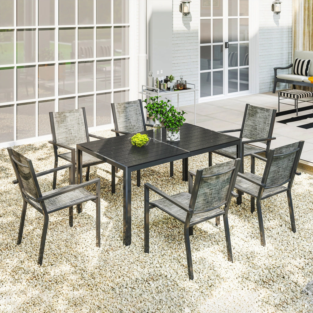 Set da Giardino 7 Pezzi con Tavolo Rettangolare e Sedie Impilabili ¨C zephmum ¨C Grigio e Nero in Acciaio