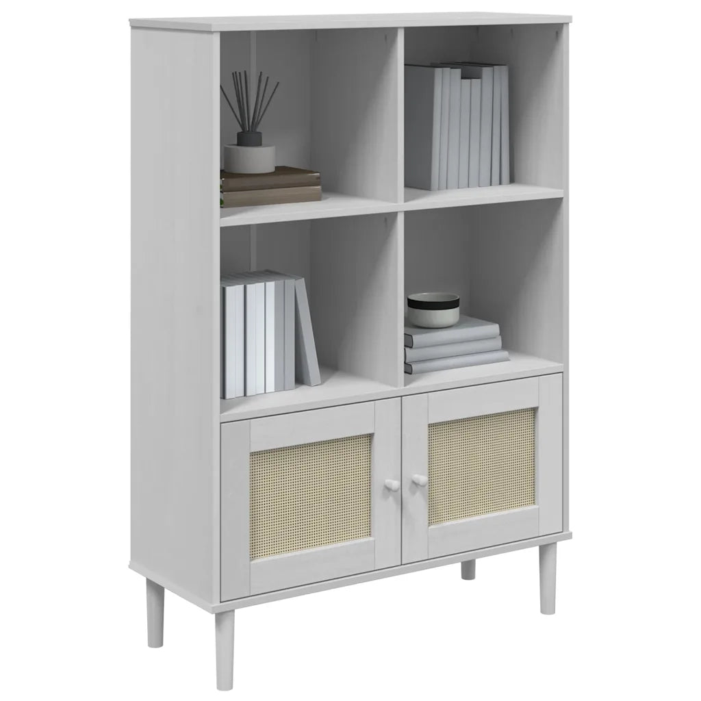 Credenza | Madia | Buffet da pranzo | Armadio da pranzo SENJA Aspetto Rattan Bianco 90x35x130 cm Massello Pino