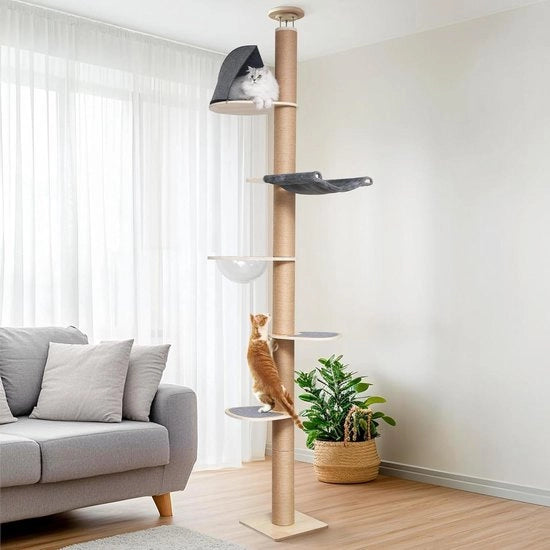 Catena di 6 livelli fino al soffitto, alta 280-300 cm, catena per gatti da parete con capsule trasparente e lettino per gatti
