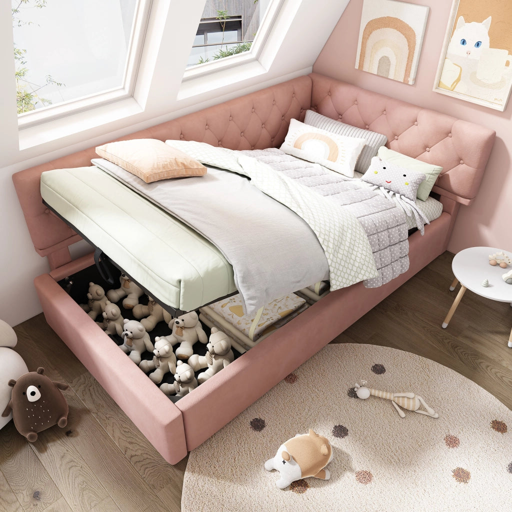 LETTO con contenitore 90x200 cm in velluto rosa