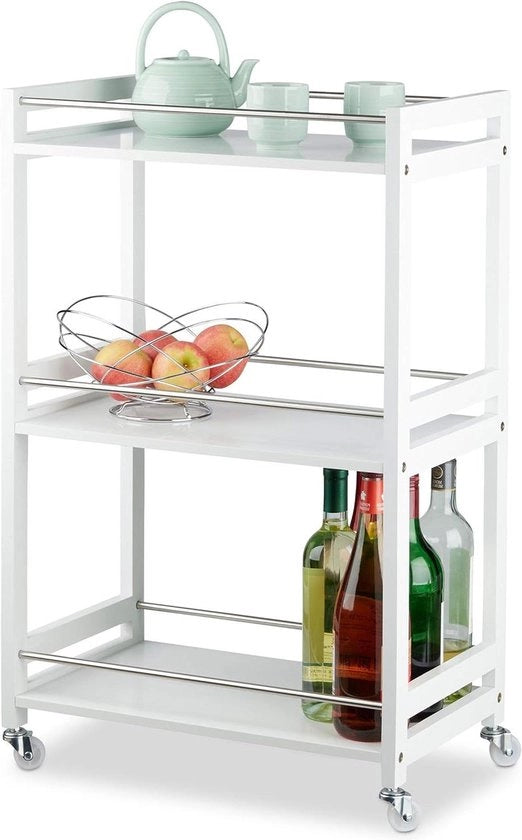 Servizio di tre livelli in bambù MDF e acciaio con ruote in bianco - dimensioni: 805 x 51 x 30 cm