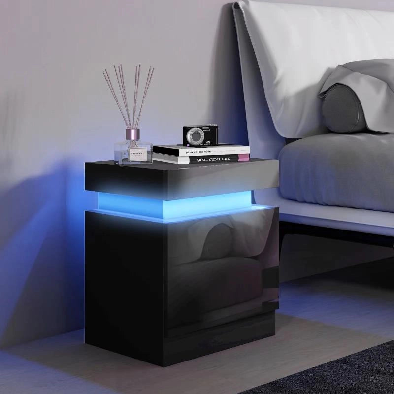 COMODINO LED A 16 COLORI E 4 MODALITÀ CON 2 CASSETTI, IN LEGNO, 45X35X52 CM, NERO