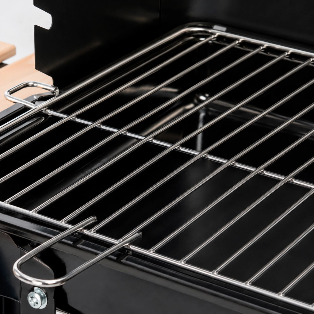 Barbecue A Carbone Con Paravento Antivento Griglia Cromata Ripiani Laterali In Legno Ganci Porta Accessori Ruote Integrate Per Giardino Terrazzo E Campeggio 94 x 40 x 84 Cm Nero